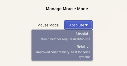 A cropped screenshot of TinyPilot's Manage Mouse Mode dialog box showing a drop-down box for selecting Absolute and Relative mouse modes.